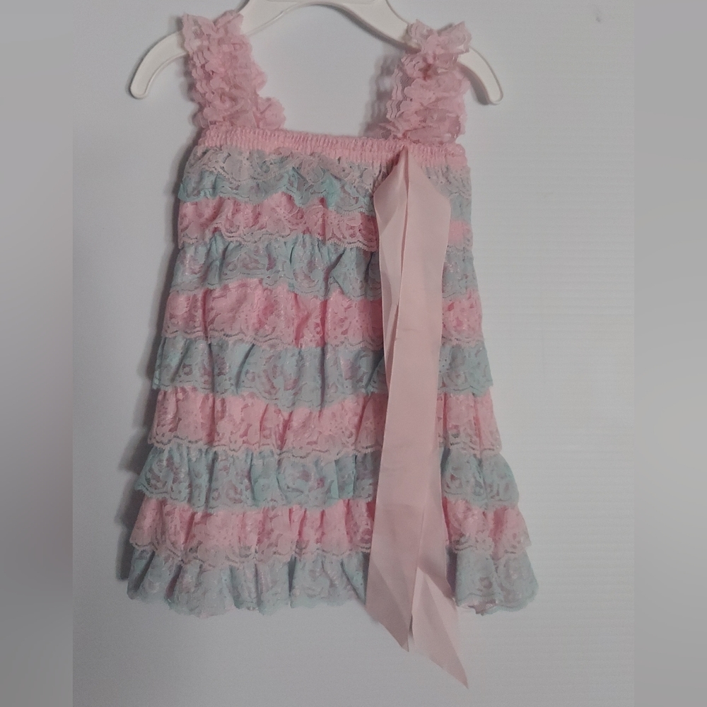 Lovely Lace Ruffle Little Girl Dress: Light Blue and Pink, Sleeveless, Size S